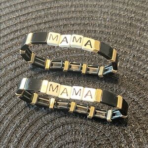 2 MAMA Stretch Bracelets  Set in Black, White & Gold
